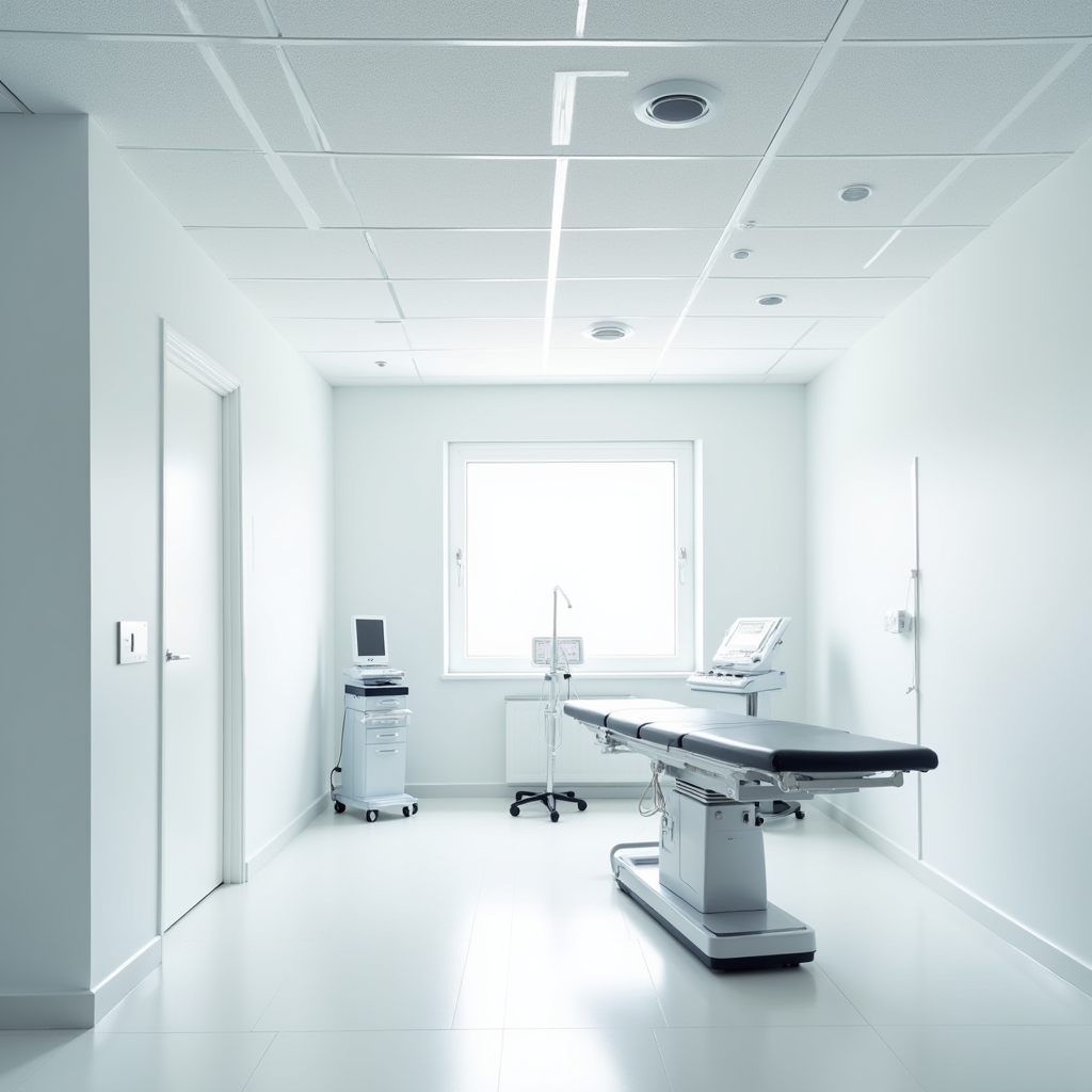 Tavan fals curat și uniform montat într-un cabinet medical modern